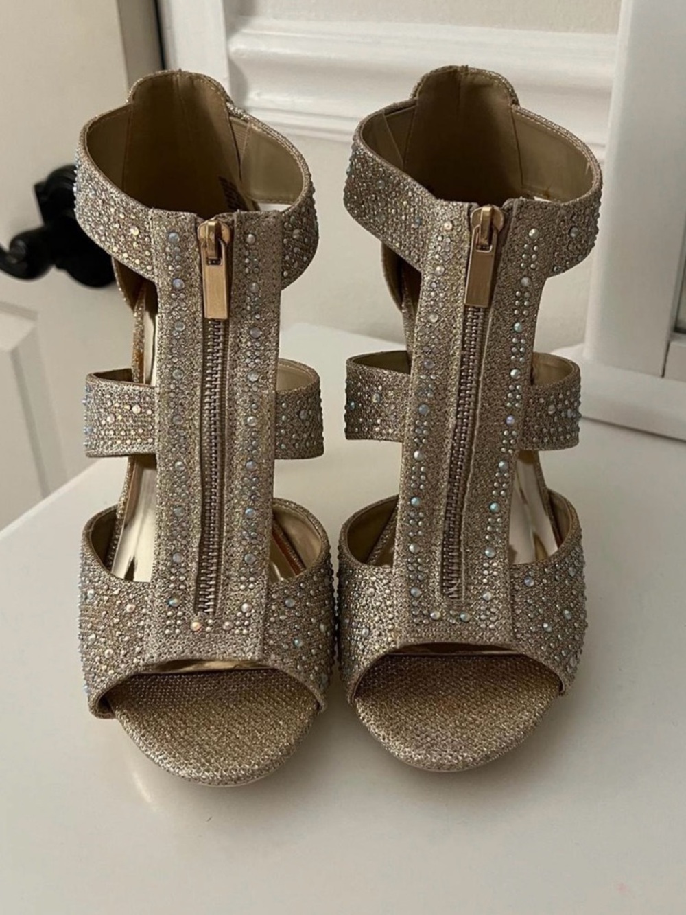 Gold Rhinestone Zip Front Women's Heeled Sandals
